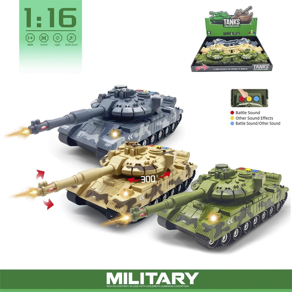 1: 16 Tank w/sound & light, Friction Action - Assorted Styles