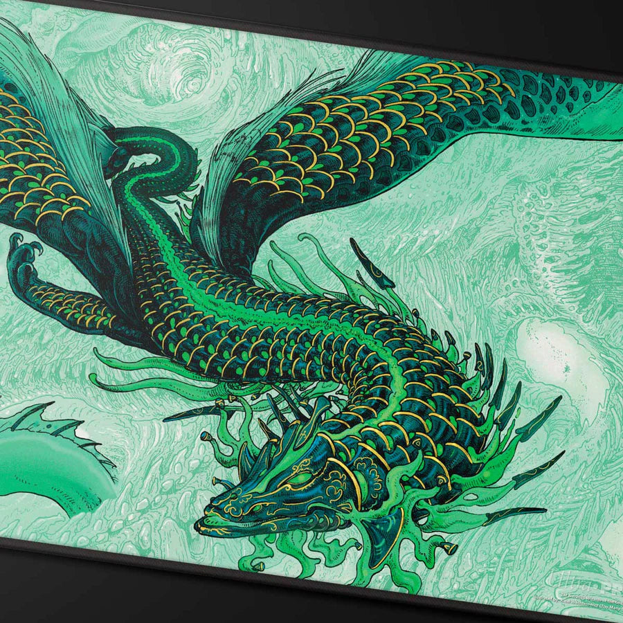 Tarkir Dragonstorm Teval, Arbiter of Virtue Black Stitched Playmat for Magic: The Gathering