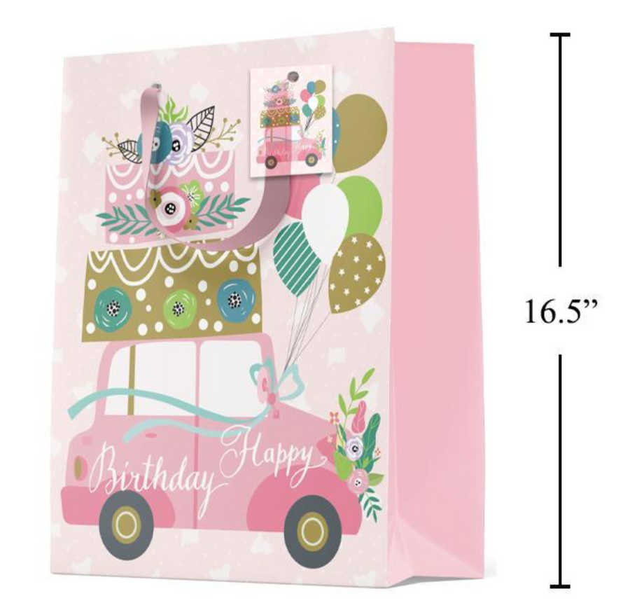 Gift Bag - Birthday Pink Car - 16.5"
