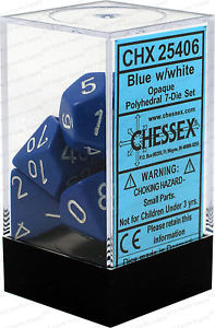 Opaque Blue/White 7pc Dice set